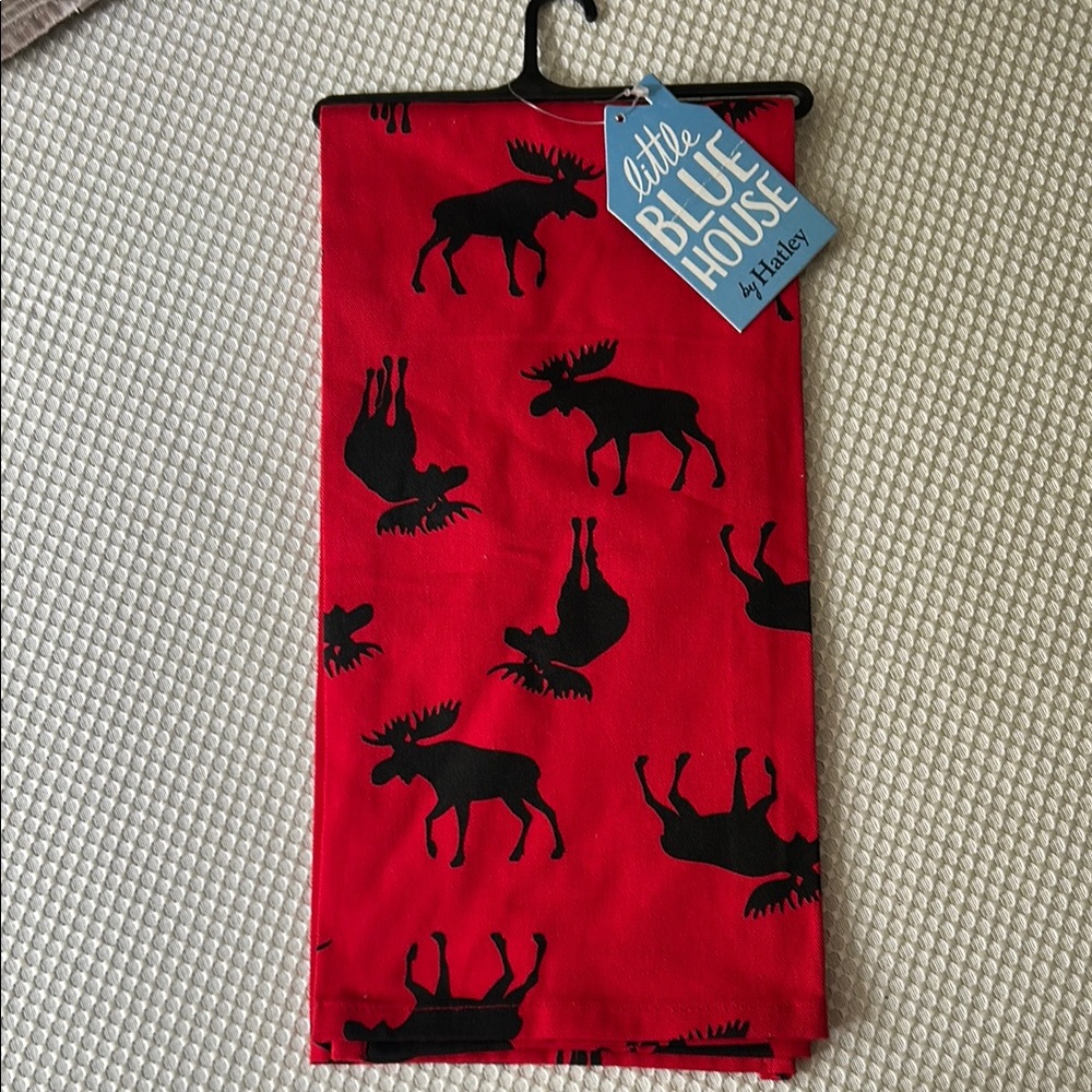 Little Blue House by Hatley Red Moose Print Tea Towel.  New with tag